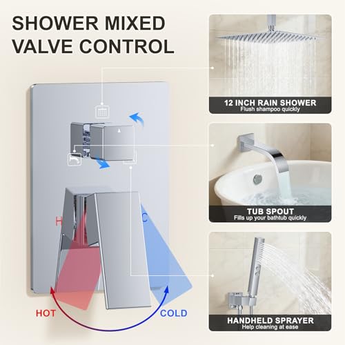 Chrome Shower System with Tub Spout, Ceiling Mounted Bathtub Shower Faucet Set, 12" Rainfall Shower Head and Handheld Shower Combo, High Pressure Shower Fixtures Set with Rough-in Valve - color: Polished Chrome, style: 12" Ceiling Mounted Shower System wi