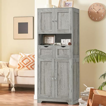 Iwell Tall Storage Cabinet with Adjustable Shelf, Bathroom Cabinet with 2 Drawers, Linen Cabinet for Living Room, Grey - color: Grey-4 Shelves