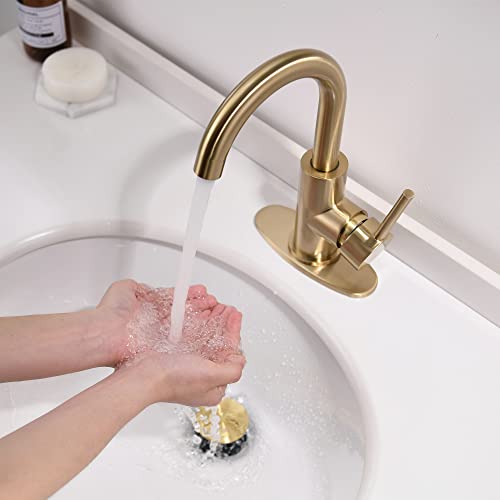 Gold Bathroom Faucets with Pop-Up Drain, Modern Single Hole Bathroom Sink Faucet with Deck Plate Single Handle Lavatory Faucets Brushed Gold Bar Vanity Faucet - color: Light Gold