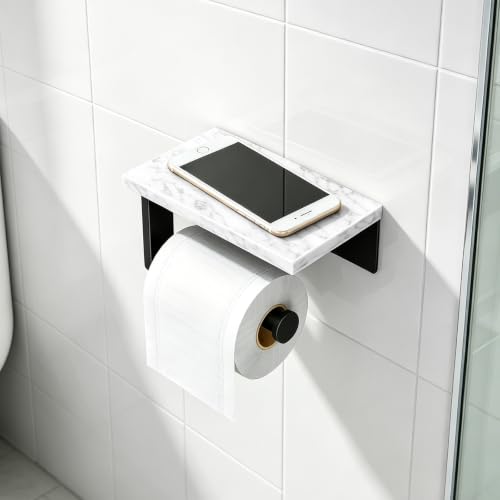 Gypie Marble Toilet Paper Holder with Shelf, Wall Mounted Matte Black | Stainless Steel Tissue Roll Paper Holder Dispenser for Bathroom Washroom - color: Black