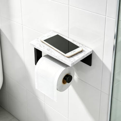Gypie Marble Toilet Paper Holder with Shelf, Wall Mounted Matte Black | Stainless Steel Tissue Roll Paper Holder Dispenser for Bathroom Washroom - color: Black
