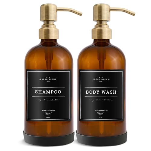 Vine Creations Amber Glass Soap Dispenser, 2 Pack Kitchen Soap Dispenser Set with Stainless Steel Pump, 16 oz Dish Soap and Hand Soap Dispensers for Bathroom with Waterproof Labels and Protective Pads - color: Amber Bottle / Brushed Brass Pump