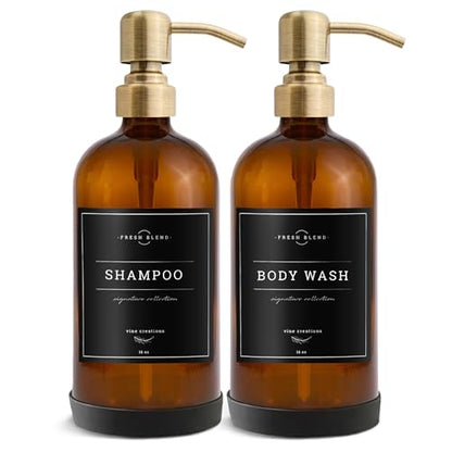 Vine Creations Amber Glass Soap Dispenser, 2 Pack Kitchen Soap Dispenser Set with Stainless Steel Pump, 16 oz Dish Soap and Hand Soap Dispensers for Bathroom with Waterproof Labels and Protective Pads - color: Amber Bottle / Brushed Brass Pump