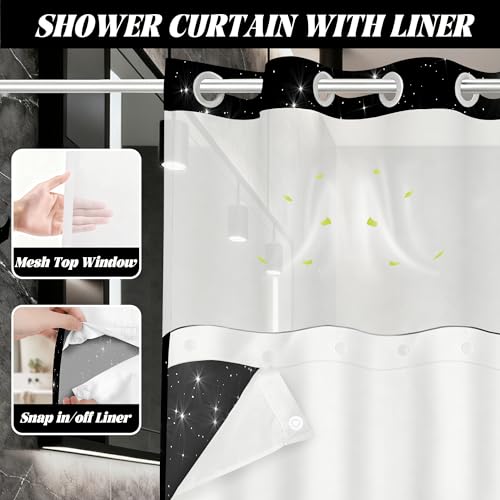 Star Space Hookless Shower Curtain with Snap in Liner, Black and White Watercolor Night Sky Galaxy No Hook Double Layer Shower Curtains and Liner Set, Waterproof Cloth Fabric, 71" W X 74" L - color: Black White, size: 71"W x 74"L (Pack of 1)