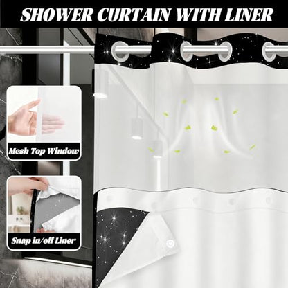 Star Space Hookless Shower Curtain with Snap in Liner, Black and White Watercolor Night Sky Galaxy No Hook Double Layer Shower Curtains and Liner Set, Waterproof Cloth Fabric, 71" W X 74" L - color: Black White, size: 71"W x 74"L (Pack of 1)