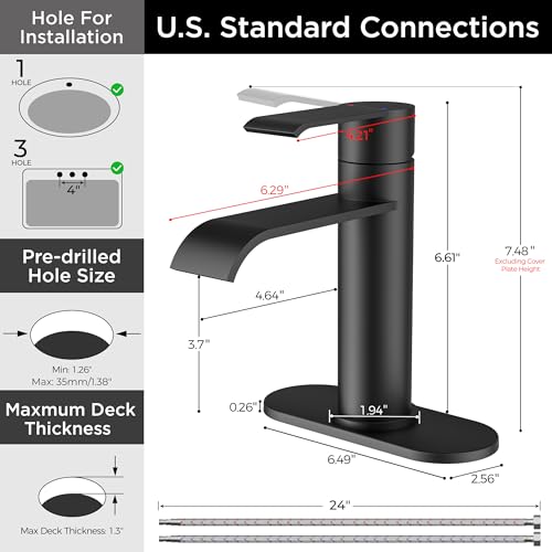 FORIOUS Waterfall Black Bathroom Faucet 1 Hole, one Matte Black Faucet Rv | Single Hole Bathroom Sink Faucet Matte Black, Single Handle Rv Faucet Bathroom for Sink with Deck Plate and Pop-up Drain - color: Matte Black