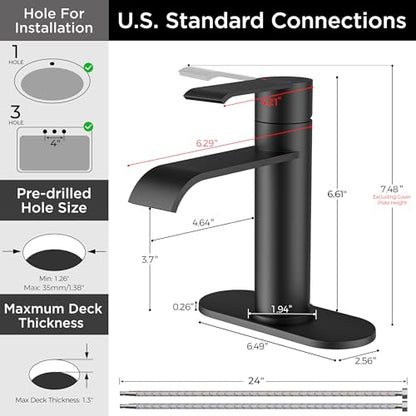 FORIOUS Waterfall Black Bathroom Faucet 1 Hole, one Matte Black Faucet Rv | Single Hole Bathroom Sink Faucet Matte Black, Single Handle Rv Faucet Bathroom for Sink with Deck Plate and Pop-up Drain - color: Matte Black