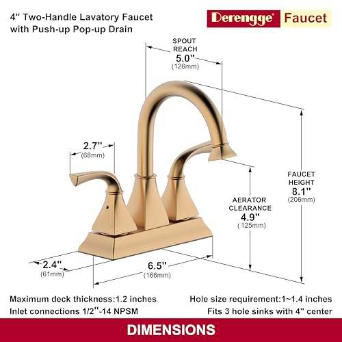 Centerset Bathroom Faucet, Brushed Gold Lavatory Bathroom Sink Faucet, 4 Inch Two Handle with Push up Pop-up Drain,F-4015-BG - color: Brushed Gold, size: Standard