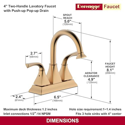 Centerset Bathroom Faucet, Brushed Gold Lavatory Bathroom Sink Faucet, 4 Inch Two Handle with Push up Pop-up Drain,F-4015-BG - color: Brushed Gold, size: Standard