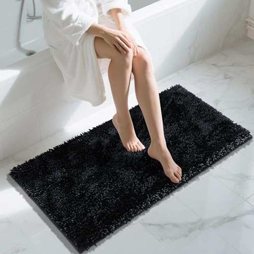 Yimobra Long Bathroom Rug Non Slip 44x24 Inch, Extra Thick Soft Absorbent Chenille Bath Mat, Machine Washable Quick Dry Bath Rugs for Bathroom Floor, Tub and Shower, Home Decor Accessories, Black - color: Black, size: 44" X 24"