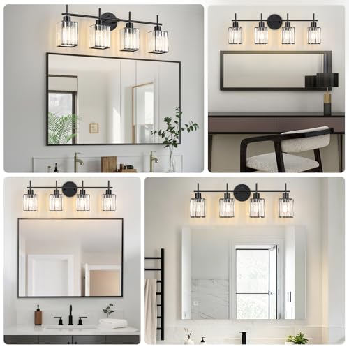 Black Bathroom Light Fixtures, Square, 4-Light | Vanity Lights with Crystal Shades, Modern Bathroom Lighting Fixtures over Mirror (Bulbs Not Included, E26) - color: Black (Square), size: 4-Light