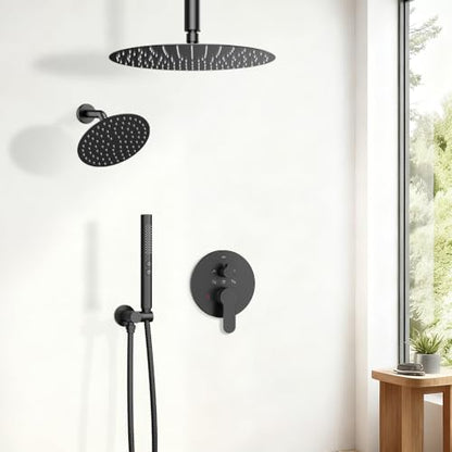 Shower Systems Shower Faucet Sets STARBATH 3 Way 12+6" Round Dual Rainfall Shower Head with Handheld Spray Combo, Ceiling Mounted Rain Shower Valve with 5 Diverter and Trim Kit Complete, Matte Black - color: Matte Black, size: 6+12 inch-04