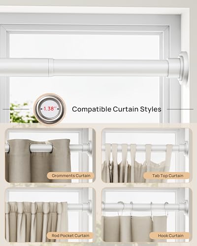 No-Twist Shower Curtain Rod by EZFurni, 42–82 Inch Heavy Duty Tension Rod with Lock-In Stability, No Drill, Spring-Loaded Non-Slip Secure Hold for Bathroom, Window, Closet, 1.26" Diameter, White - color: White, size: 42-82 Inches