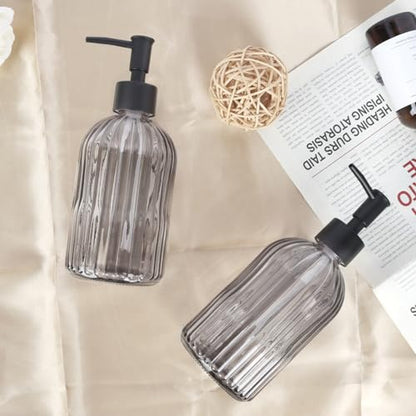 2 Pack 11oz Glass Soap Dispenser with Plastic Pump, Vertical Stripe Design Refillable Hand Soap Dispenser for Hand Wash, Bathroom and Kitchen - color: Transparent Black