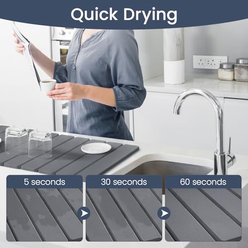 Meowoo Stone Drying Mat for Kitchen Counter, 28.3"x15.7" Foldable Diatomaceous Earth Mat, Super Absorbent, Quick-Dry Bath & Kitchen Pad for Dishes, Cups, Non-Slip, Fits Any Countertop - Dark Gray - size: 28.3" x 15.7"