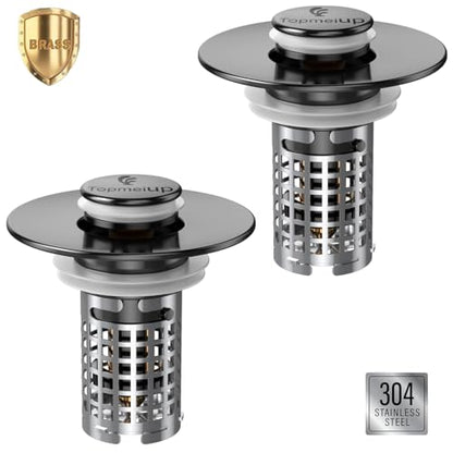 Bathroom Sink Drain Strainer(2PCS), Pop-up Sink Drain Strainer with Removable Stainless Steel Strainer Basket Hair Catcher, Bathroom Sink Strainer for Bathroom Sink Stopper Replacement - color: Black-2pcs