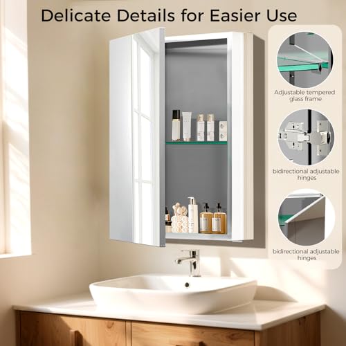 14 x 18 Inch Bathroom Medicine Cabinet with Mirror, Medicine Cabinet Mirror, Bathroom Mirror with Storage with One Adjustable Shelf, Assembly Required, Support Recessed or Surface Mount - size: 14 x 18