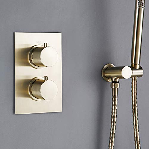 Shower System, Wall Mounted Thermostatic Control Mixing Valve Brushed Gold Taps Set with 8-12 Inch Round Rainfall Head and Handheld Shower, Luxury Se,10 inch