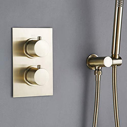 Shower System, Wall Mounted Thermostatic Control Mixing Valve Brushed Gold Taps Set with 8-12 Inch Round Rainfall Head and Handheld Shower, Luxury Se,10 inch