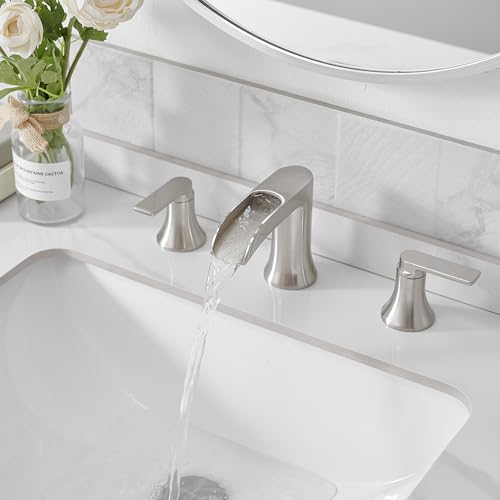 Brushed Nickel Waterfall Bathroom Faucet 3 Hole, 8-16 Inch Widespread 2 Handle Faucets for Bathroom Sinks Vanity Lavatory Sanitary Modern Restroom, Brass Material, NO Pop-up Drain - color: Brushed Nickel, style: NO Pop Up Drain