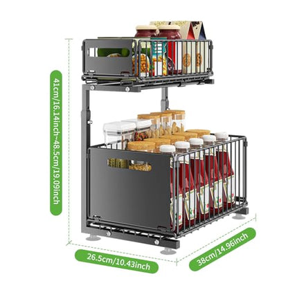 CuisinSmart Pull Out Cabinet Organizer, 2 Tier Under Sink Organizer, Slide Out Metal Kitchen Drawer Shelf, Storage Shelves for Home Laundry Room RV Pantry Spice Black