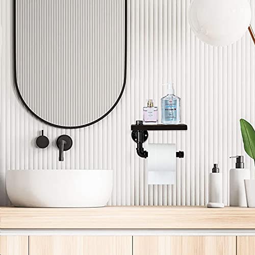 Toilet Paper Holder with Shelf, Industrial Wall Mounted Tissue Roll Hanger with Rustic Wooden Shelf for Bathroom, Washroom (Black)