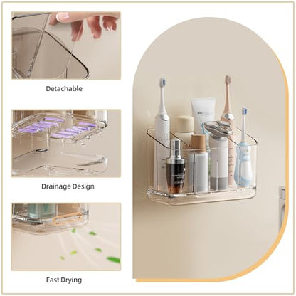 Wall Mounted Toothbrush Holder with Drainage, Large Detachable Toothbrush | and Toothpaste Holder with Divider for Bathroom, Anti-Slip Electric Tooth Brush Holder Set, Bathroom Accessory - Clear - size: Large