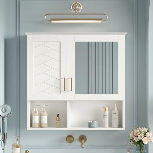 Marzzi Wall Mount Bathroom Medicine Cabinet with Mirror and Open Space | 30" x 28" Mirrored Door Over Toilet Vanity Storage Cabinet Organizer, Adjustable Shelves, Bathroom Wall Cabinet with Mirror - color: White, size: 30"