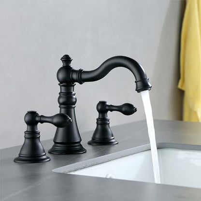 Matte Black 2-Handle 8 Inch Widespread Bathroom Faucet 3 Holes,2 Pack | Derengge Traditional Widespread Sink Faucet, With Pop-Up Drain 360° Swivel Stainless Steel Spout, F-8805-MT - color: Matte BlackX2