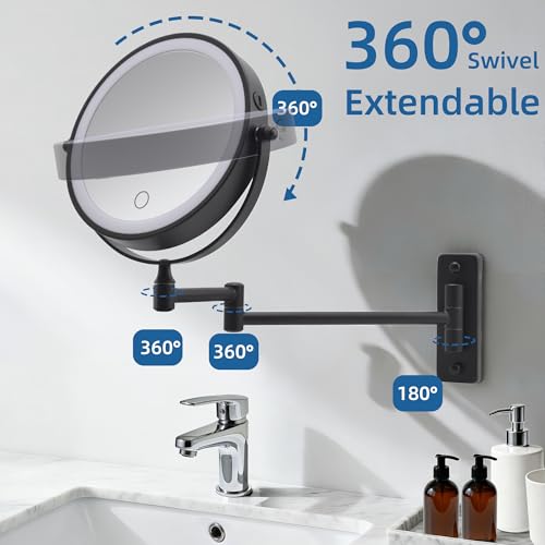 Wall Mounted Makeup Mirror with Light, 8" Double Sided 1X/10X Magnifying Mirror, Rechargeable, 3 Color Lights, Touch Dimmable, 360° Rotation & Extendable Arm