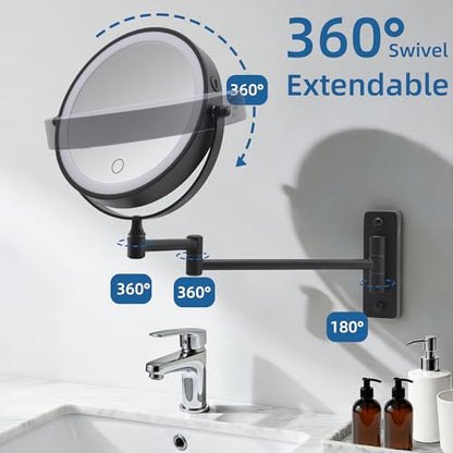 Wall Mounted Makeup Mirror with Light, 8" Double Sided 1X/10X Magnifying Mirror, Rechargeable, 3 Color Lights, Touch Dimmable, 360° Rotation & Extendable Arm
