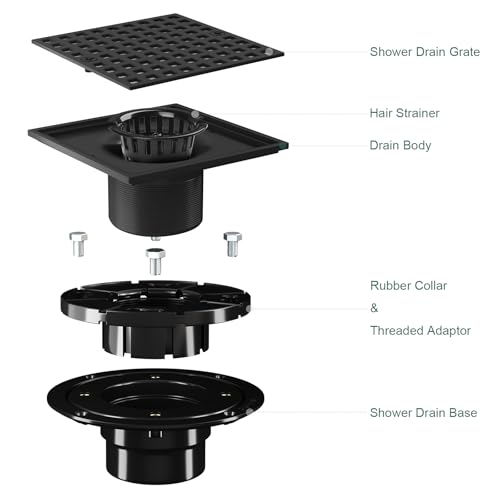 4 Inch Square Shower Floor Drain with Flange and Hair Strainer | SUS304 Stainless Steel, Anti-Clog, Matte Black Shower Drain with Hair Catcher, Removable Grid Drain Cover, For Bathroom - color: Matte Black
