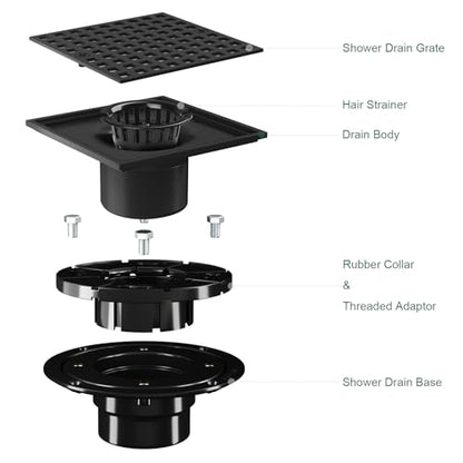 4 Inch Square Shower Floor Drain with Flange and Hair Strainer | SUS304 Stainless Steel, Anti-Clog, Matte Black Shower Drain with Hair Catcher, Removable Grid Drain Cover, For Bathroom - color: Matte Black