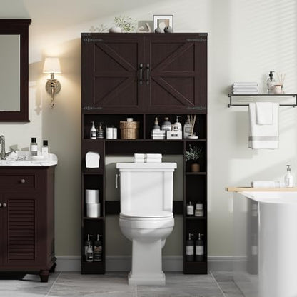 Vabches Home Space-Saving Toilet Rack with 2 Barn Doors (Walnut) | Farmhouse Over The Toilet Storage Cabinet, with Toilet Paper Holder Stand, for Laundry, Bathroom, Restroom - color: Walnut