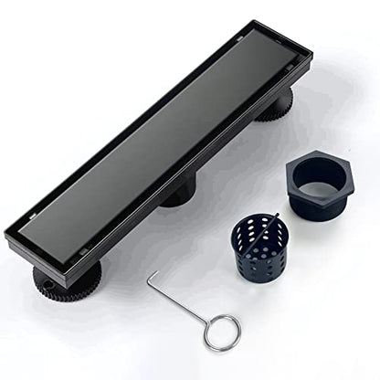 12" Linear Shower Drain Brushed Matte Black with Tile Insert Grate | AISI 304 Stainless Steel Fast Drainage Rectangle Hidden Shower Trench,Detachable Hair Catcher Easy to install,Leveling Feet - color: Matte Black, size: 12 Inch (No Base)