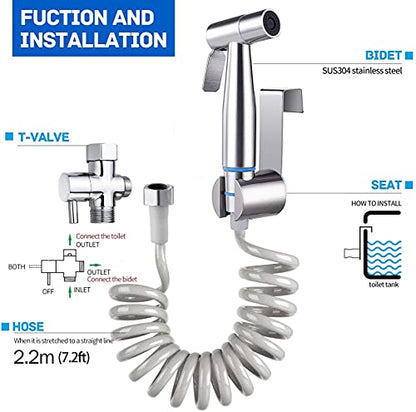 TURLEE-Handheld Bidet Sprayer for Toilet -Brass T-valve Adapter, Sprayer Adjustable Water Pressure Control with Bidet Retractable Spring Hose for Feminine Wash.
