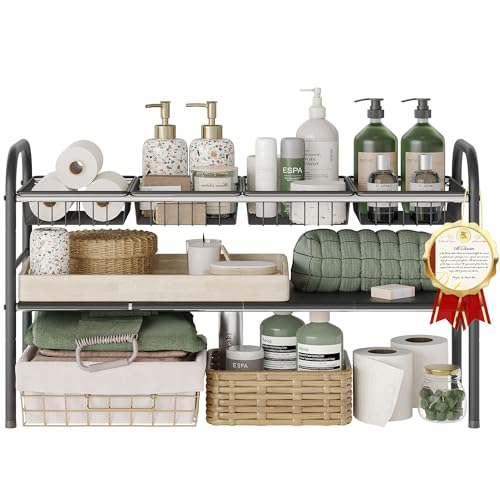 Under Sink Organizers and Storage,Expandable under cabinet organizer Shelf | 2 tier expandable shelf for kitchen,bathroom,4 Removable ABS Panels and 4 Baskets,Adjustable partition height,20.7-32.3" W - size: 4 Panels and 4 Baskets
