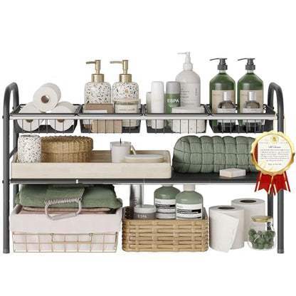 Under Sink Organizers and Storage,Expandable under cabinet organizer Shelf | 2 tier expandable shelf for kitchen,bathroom,4 Removable ABS Panels and 4 Baskets,Adjustable partition height,20.7-32.3" W - size: 4 Panels and 4 Baskets