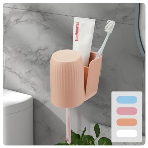 Toothbrush Holders for Bathrooms Toothbrush Holders Wall Mounted BPA-Free Tooth Brush Holder with Toothbrush Cup Drilling-Free (Brown) - color: Brown