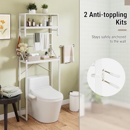 Tangkula 3-Tier Over The Toilet Storage, 64” Tall Bathroom Shelf Space Saver with Hanging Bar, 3 S-Shaped Hooks, Metal Legs, Freestanding Above Toilet Bathroom Organizer for Laundry Room, White