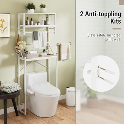 Tangkula 3-Tier Over The Toilet Storage, 64” Tall Bathroom Shelf Space Saver with Hanging Bar, 3 S-Shaped Hooks, Metal Legs, Freestanding Above Toilet Bathroom Organizer for Laundry Room, White