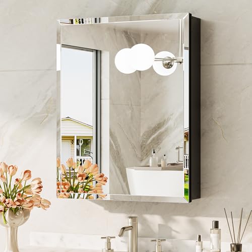 20 x 26 Recessed Medicine Cabinet with Mirror, Assembly Required, Frameless Medicine Cabinet for Bathroom, Tempered Beveled Mirror, Stepless Adjustable Shelves, DTC Hinge - color: Black, size: 20x26 in