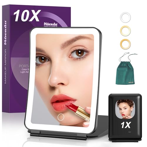 Mocado 10x/1x Magnifying Mirror with Light, Travel Makeup Mirror with Light | Magnetic 10x Magnifying, 3 Colors Light, 0-100% Brightness Adjustable, 2000mAh Rechargeable, Memory Function - color: 10x Magnifying-black