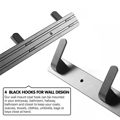 4 Hooks Matte Black Bathroom Towel Hooks Mounted Wall Adhesive Heavy Duty Farmhouse Bath Coat Stick on Rack Hat Wall Hook Sticky Black Kitchen Robe Rack Coat Hook Black 4 Hooks Rack Towel for Bathroom - color: Black, size: 13.19*1.18*1.38 inch（4hooks）