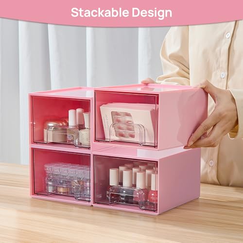 Vtopmart 4 Pack Small Clear Stackable Storage Drawers, Pink | Bathroom Makeup Accessories Organizer, Plastic Bins For Desk, Vanity, Undersink, Medicine Cabinet ,Home Organization - style: 4pack-Pink