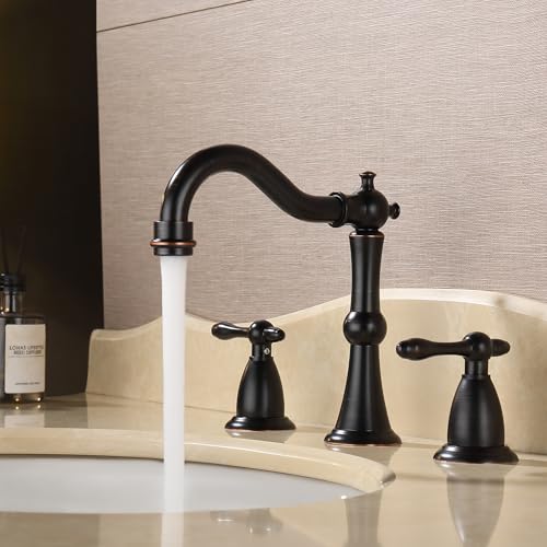 Oil Rubbed Bronze Antique Bathroom Faucet 3 Hole, Widespread 8in Bathroom Sink Faucet with Pop Up Drain and cUPC Supply Hose, Modern 2 Handle Three Hole Bathroom Faucet Bronze JXM3073ORB - color: Oil Rubbed Bronze