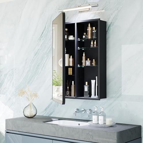 Black Medicine Cabinet with Mirror 16x20 Inch, Small Bathroom Wall Cabinet with Storage, Modern Matte Finish, 6 Adjustable Glass Shelves, Silent Soft Close, Rust Proof Aluminum Organizer - size: 16"x 20"