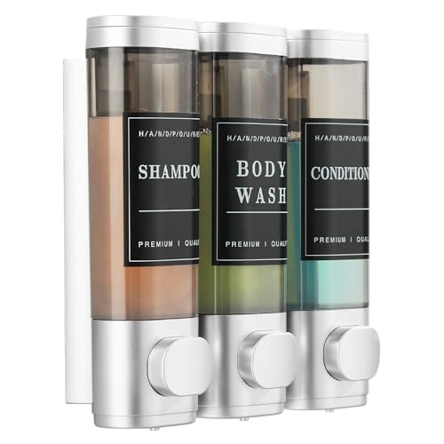 Shampoo and Conditioner Dispenser, Shower Soap Dispenser Wall Mounted, Shampoo Dispenser for Shower Wall No Drill, Bathroom Body Wash Dispenser 3 * 350ml Silver 3 Chamber - color: Silver 3-1