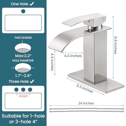Bathroom Faucets Brushed Nickel Waterfall Bathroom Sink Faucet 2 Pack | with Pop-up Drain & Deck,Supply Hoses,Single Handle Vanity Faucet,Stainless Steel,1 or 3 Hole,RV,Farmhouse Bathrooms - color: A-Brushed Nickel x 2, style: Short