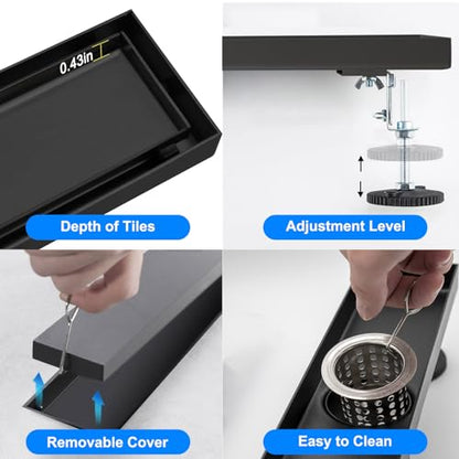 Linear Shower Drain 12 Inch Black Rectangular Floor Drain with 2-in-1 Tile Insert Cover, Bathroom Stainless Steel Drains Easy Installing and Cleaning (CUPC Certified)